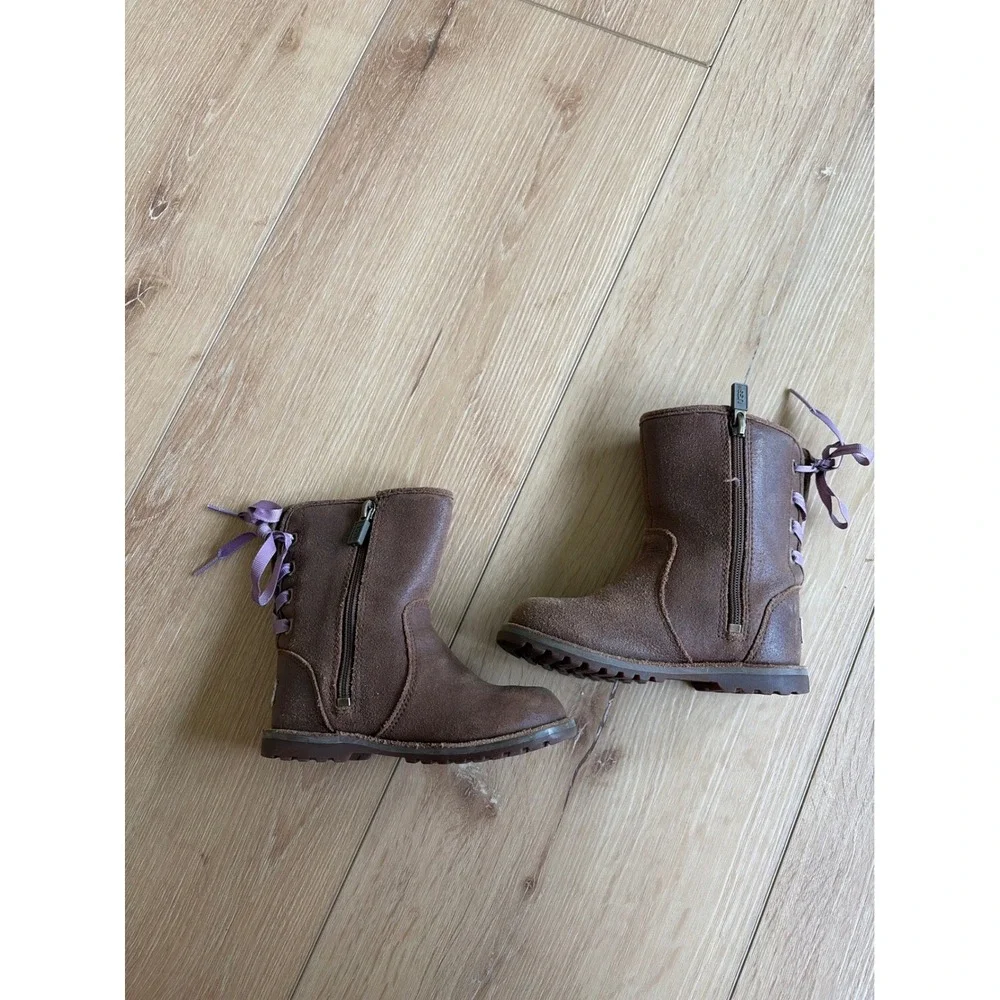 UGG Australia Kids Brown Suede Ribbon Lace Back‎ Zip Boots toddler size 8